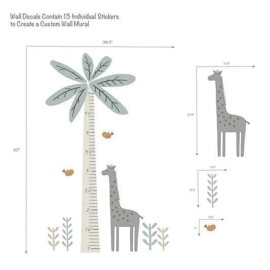 Jungle Adventure Tree with Giraffe Wall Decal Kids Growth Chart