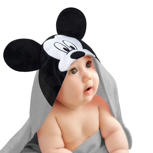 Disney Baby Mickey Mouse Gray Cotton Hooded Baby Bath Towel