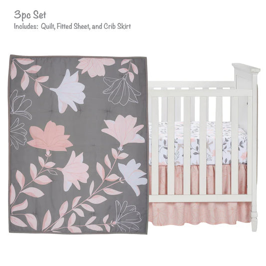 Petals Gray/Pink Sateen Cotton Floral 3-Piece Baby Crib Bedding Set