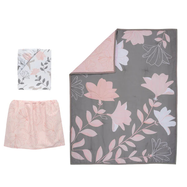 Petals Gray/Pink Sateen Cotton Floral 3-Piece Baby Crib Bedding Set