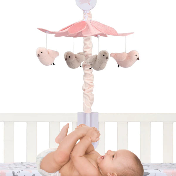 Petals Pink/Gray Birds Musical Baby Crib Mobile Soother Toy