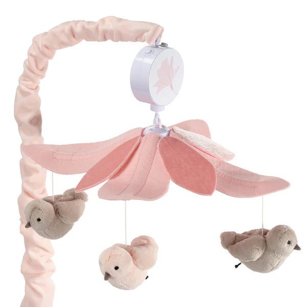 Petals Pink/Gray Birds Musical Baby Crib Mobile Soother Toy