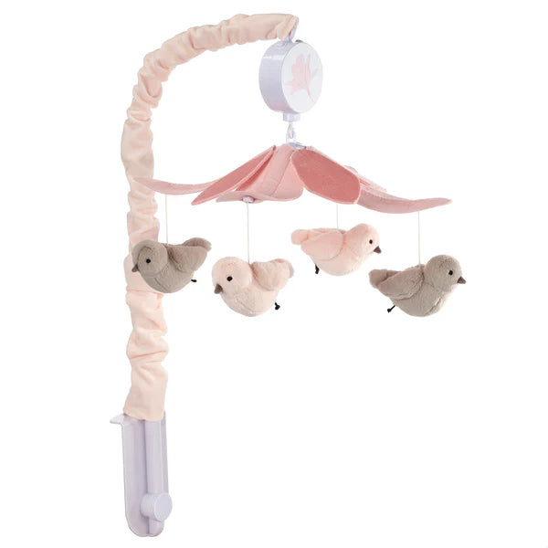 Petals Pink/Gray Birds Musical Baby Crib Mobile Soother Toy