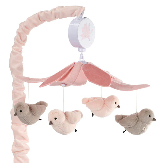 Petals Pink/Gray Birds Musical Baby Crib Mobile Soother Toy