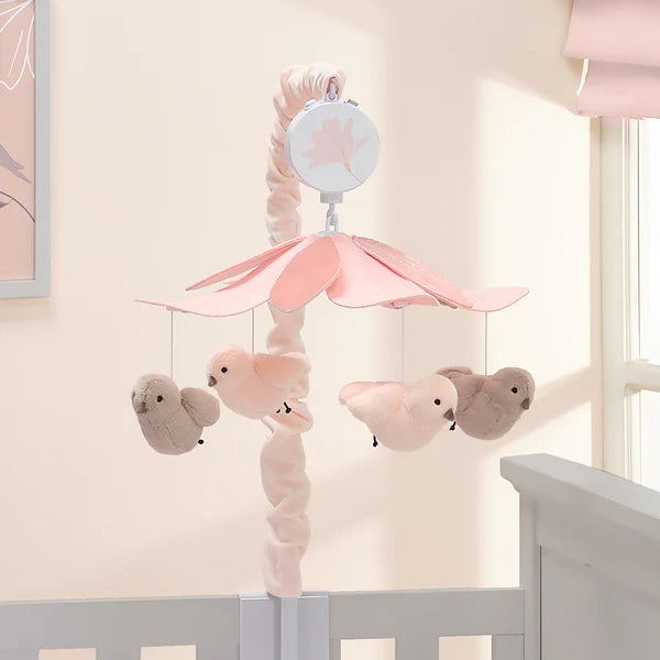 Petals Pink/Gray Birds Musical Baby Crib Mobile Soother Toy