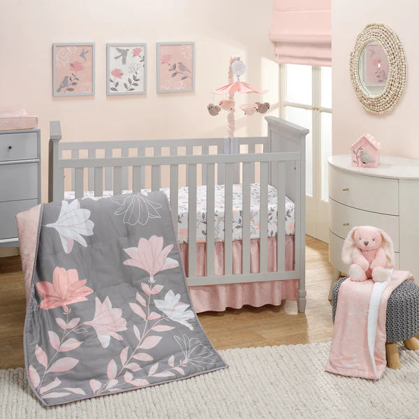 Petals Gray/Pink Sateen Cotton Floral 3-Piece Baby Crib Bedding Set