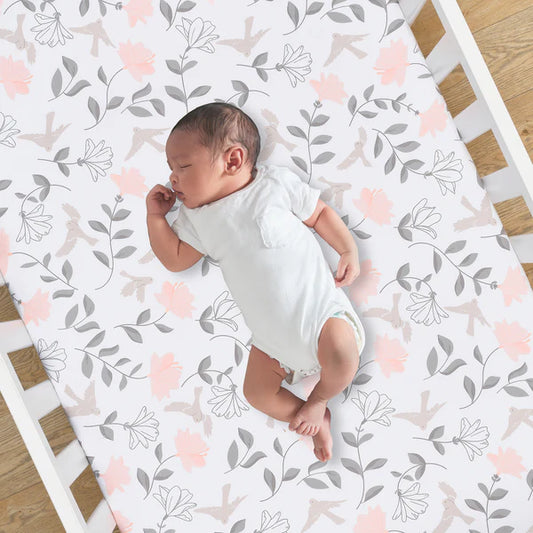 Petals White/Pink/Gray Floral 100% Cotton Fitted Crib/Toddler Sheet