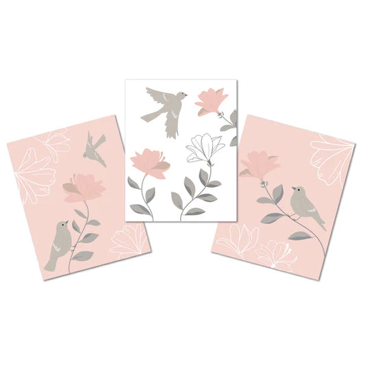 Petals Pink/Gray/White Floral/Birds 11 by 14 Unframed Wall Art 3pc