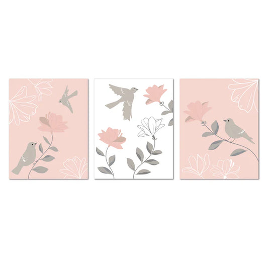 Petals Pink/Gray/White Floral/Birds 11 by 14 Unframed Wall Art 3pc