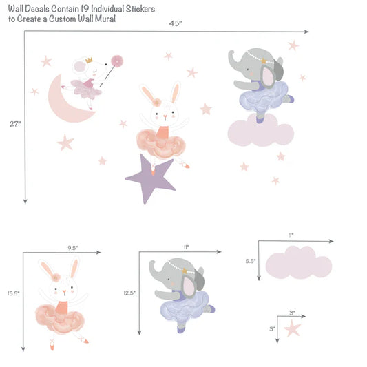 Tiny Dancer Ballet Animals & Stars Wall Decals- Elephant/Bunny