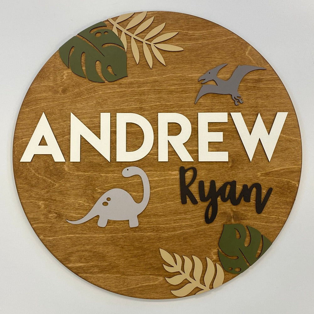 Sugar + Maple Round Personalized Wood Name Sign | Dinosaur