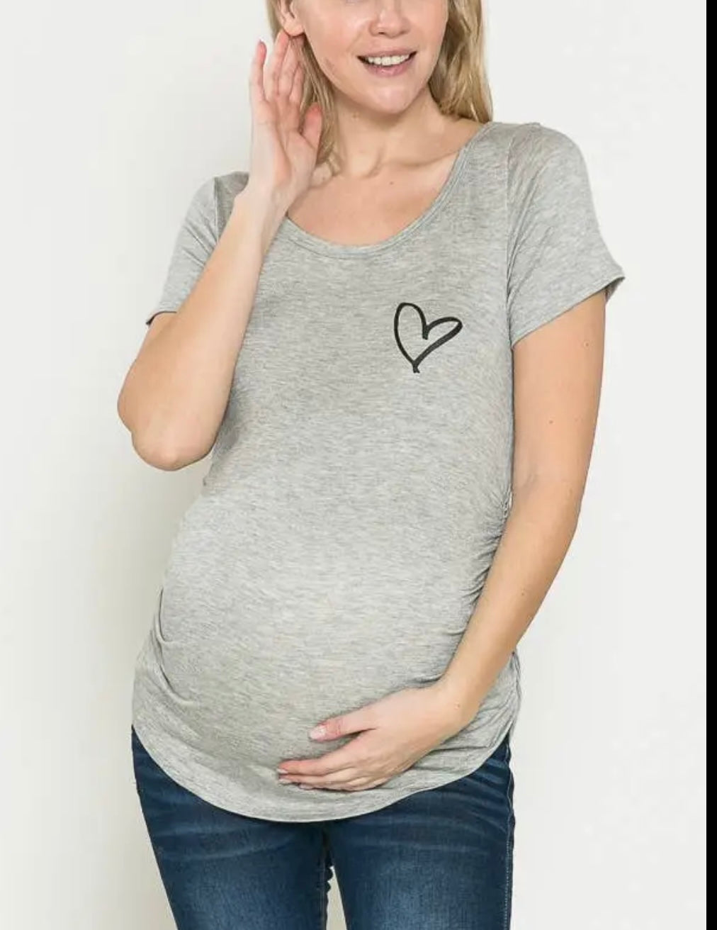 Maternity Round Neck Heart Print Side Drawstring SS Top