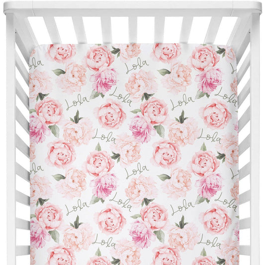 Sugar + Maple Personalized Crib Sheet | Peonies